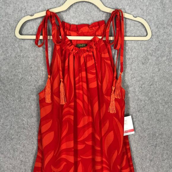 Taylor Dress Womens XS Red‎ Floral Tiered Pleated Flowy Strap Tie Tassel Summer - Picture 2 of 12